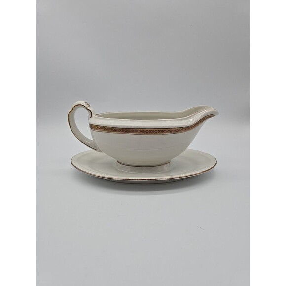 Rorstrand Sweden Porcelain Gravy Boat w/plate Fine China White & Gold Trim #622 - Picture 3 of 10